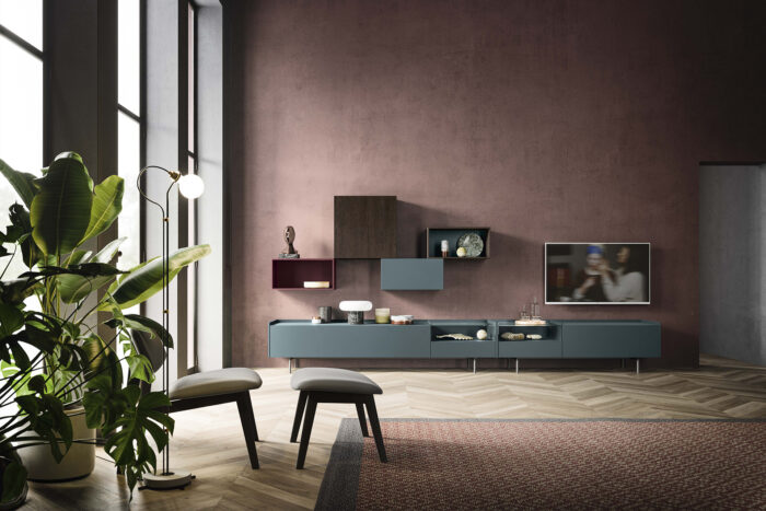 Composition salon séjour blanc noir suspendu tablette