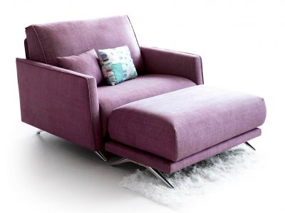 Fauteuil 2 places tissu pieds chromés, aux lignes droites et arrondies, pour in design rationnel et contemporain. Existe dans différents coloris et motifs de tissu