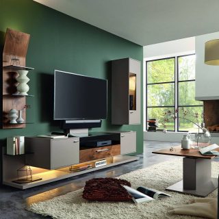 Composition TV personnalisable bois et laque mur vert