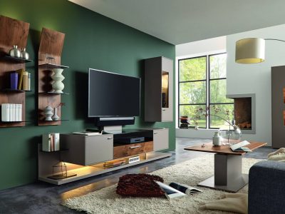 Composition TV personnalisable bois et laque mur vert