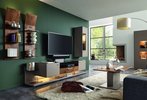 Composition TV personnalisable bois et laque mur vert